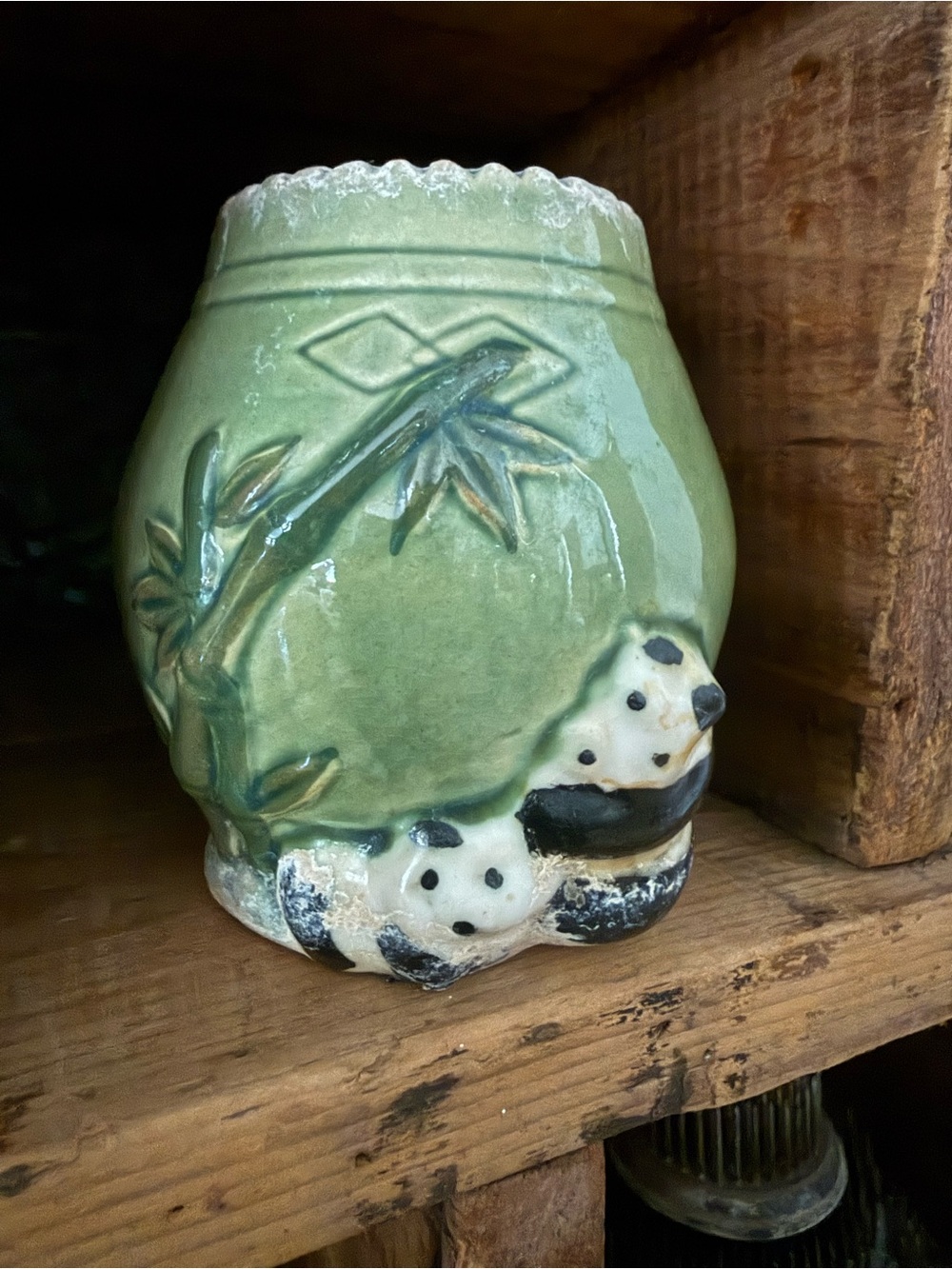 Vintage Green Ceramic Panda Bamboo Planter Vase Home Decor